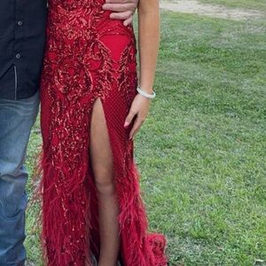 Elegant Red Beaded Gown with Slit